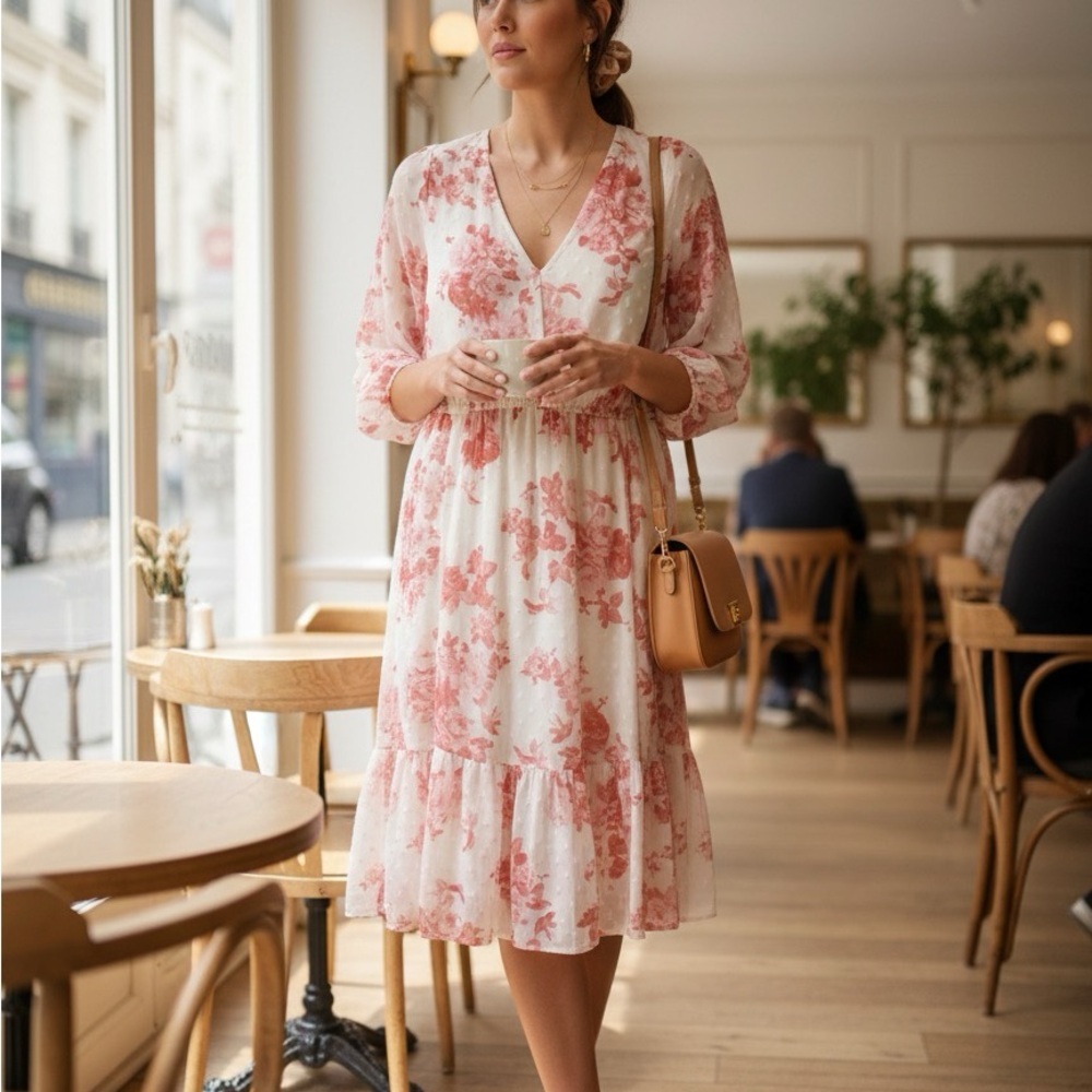 torrid Cream Midi Dress with Pink Floral Print